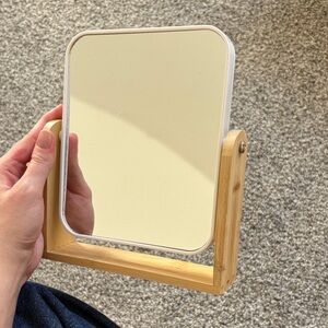 Elegant Cream Vanity Mirror with Bamboo Stand, zoom side and normal side
